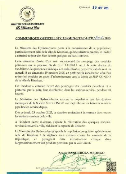 COMMUNIQUE OFFICIEL N°CAB.MIN-ETAT-HYD.001.2025